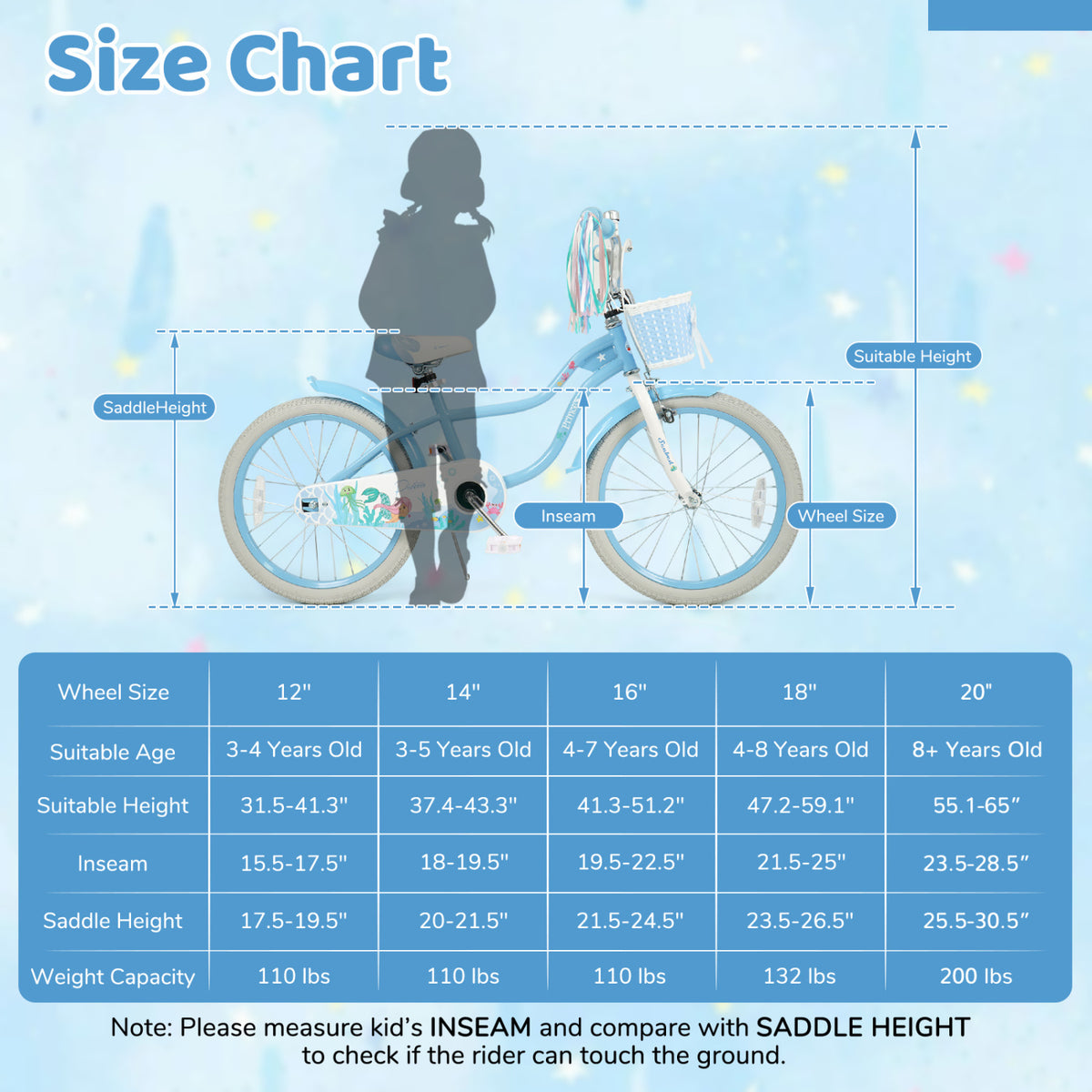 20 Inch Kids Bike Adjustable with Basket and Streamers Blue - Princess of the Sea Theme