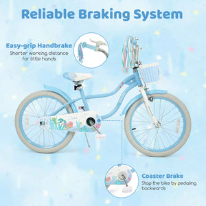 20 Inch Kids Bike Adjustable with Basket and Streamers Blue - Princess of the Sea Theme