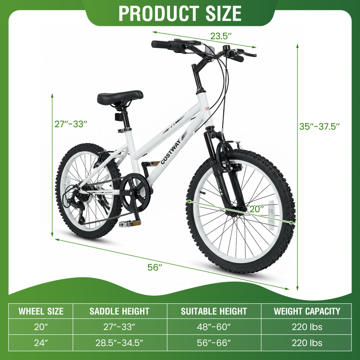 20 Inch Kids Mountain Bike with Adjustable Seat-White