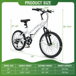 20 Inch Kids Mountain Bike with Adjustable Seat-White