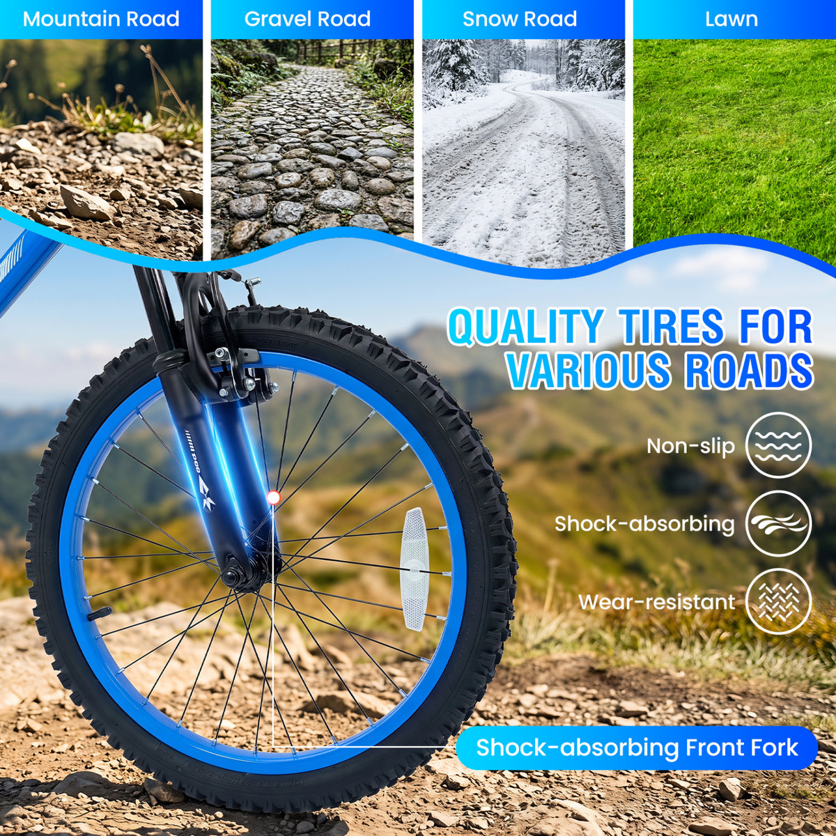 20 Inch Kids Mountain Bike Adjustable with 7 Speed and Suspension Fork-Blue
