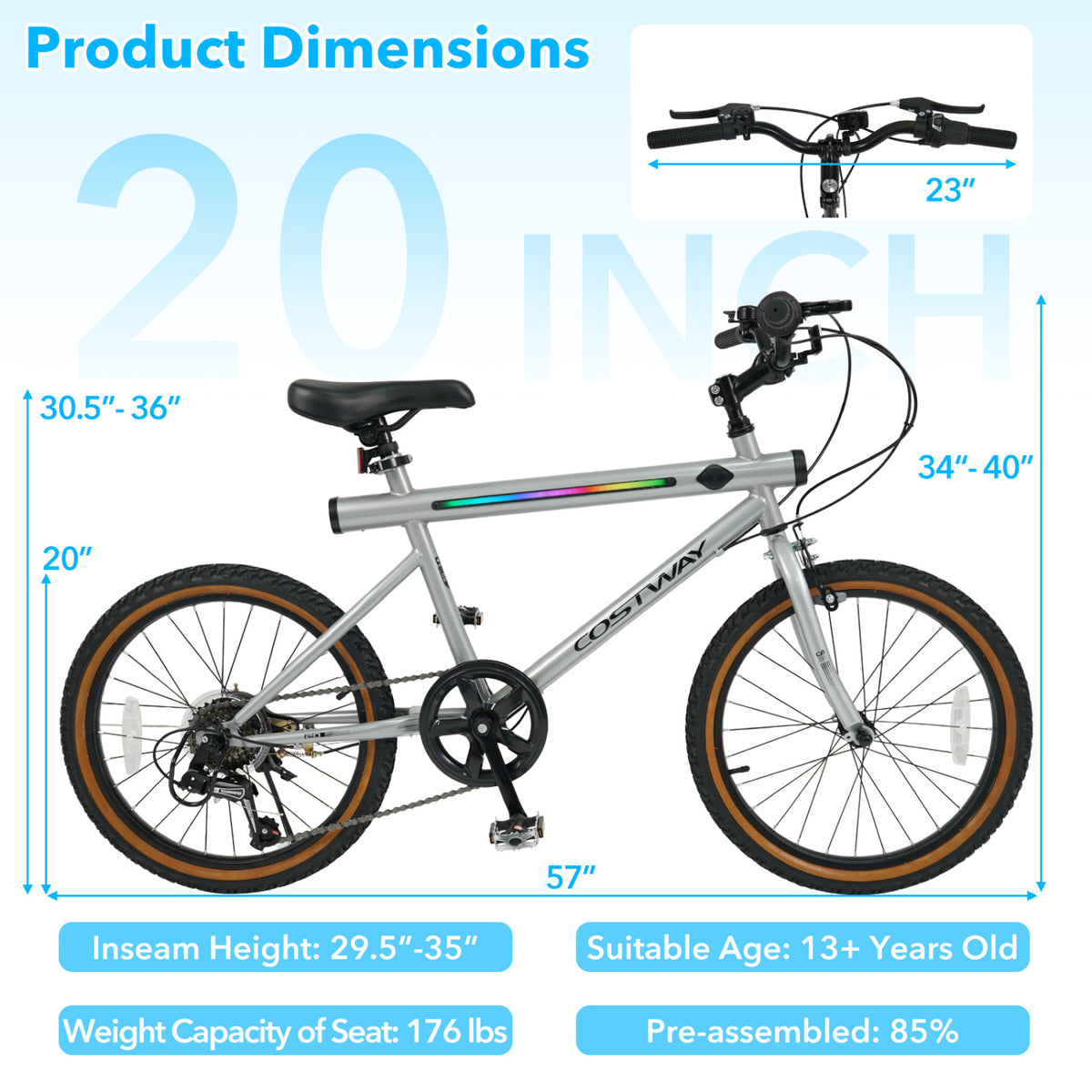 20 Inch LED-lit Cycling Bike with 2 Speakers and Ambient Lights for Men and Women-Silver
