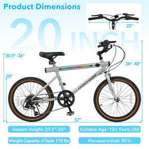 20 Inch LED-lit Cycling Bike with 2 Speakers and Ambient Lights for Men and Women-Silver