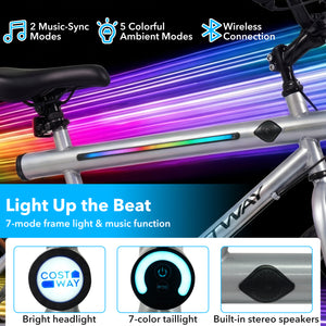 20 Inch LED-lit Cycling Bike with 2 Speakers and Ambient Lights for Men and Women-Silver