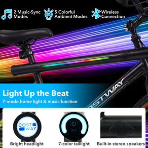 20 Inch LED-lit Cycling Bike with 2 Speakers and Ambient Lights for Men and Women-Black