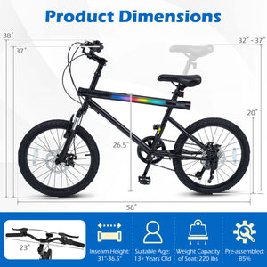 20 Inch Commuter Bicycle LED-lit with 6-Speed Shimano Twist Shifting and Stereo Speakers-Black