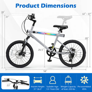 20 Inch Commuter Bicycle LED-lit with 6-Speed Shimano Twist Shifting and Stereo Speakers-Silver