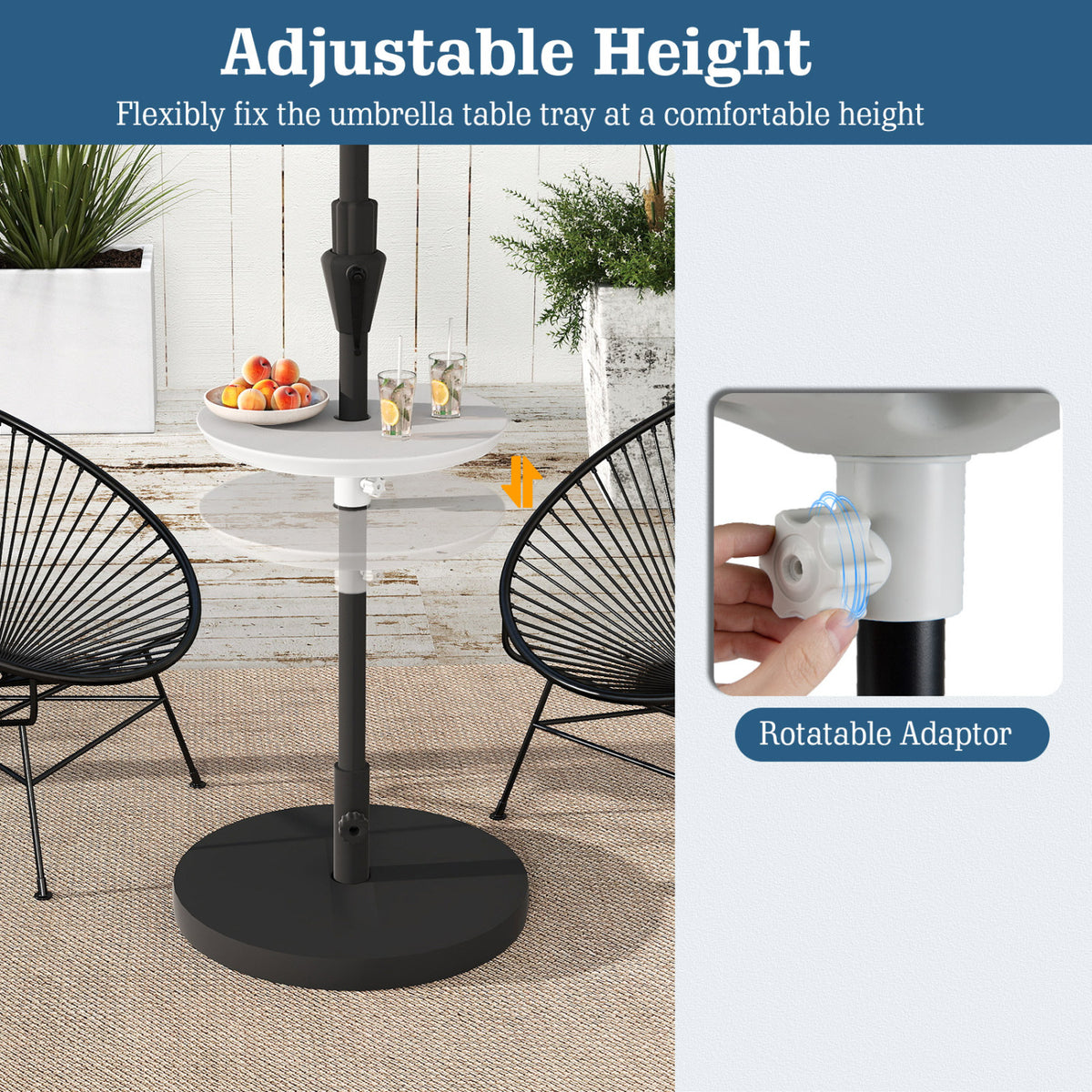 20 Inch Outdoor Adjustable Umbrella Table for 2 Sizes Patio Umbrella Pole-White