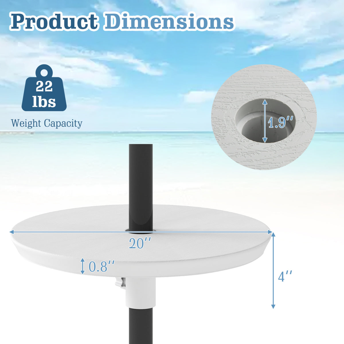20 Inch Outdoor Adjustable Umbrella Table for 2 Sizes Patio Umbrella Pole-White
