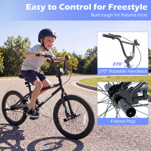 20 Inch Trick Bicycle with 270 Degree Steering and Adjustable Seat for Kids and Teens-Black