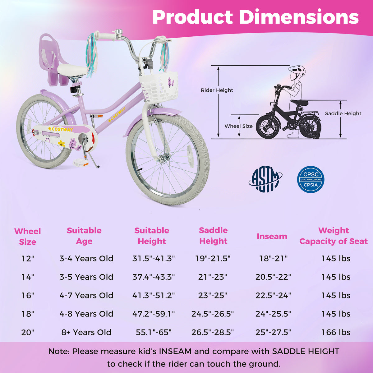 20 Inch Girls Bike Kids Bicycle with Doll Seat and Streamers for 8+ Years Old