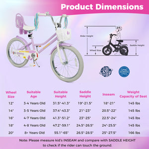 20 Inch Girls Bike Kids Bicycle with Doll Seat and Streamers for 8+ Years Old