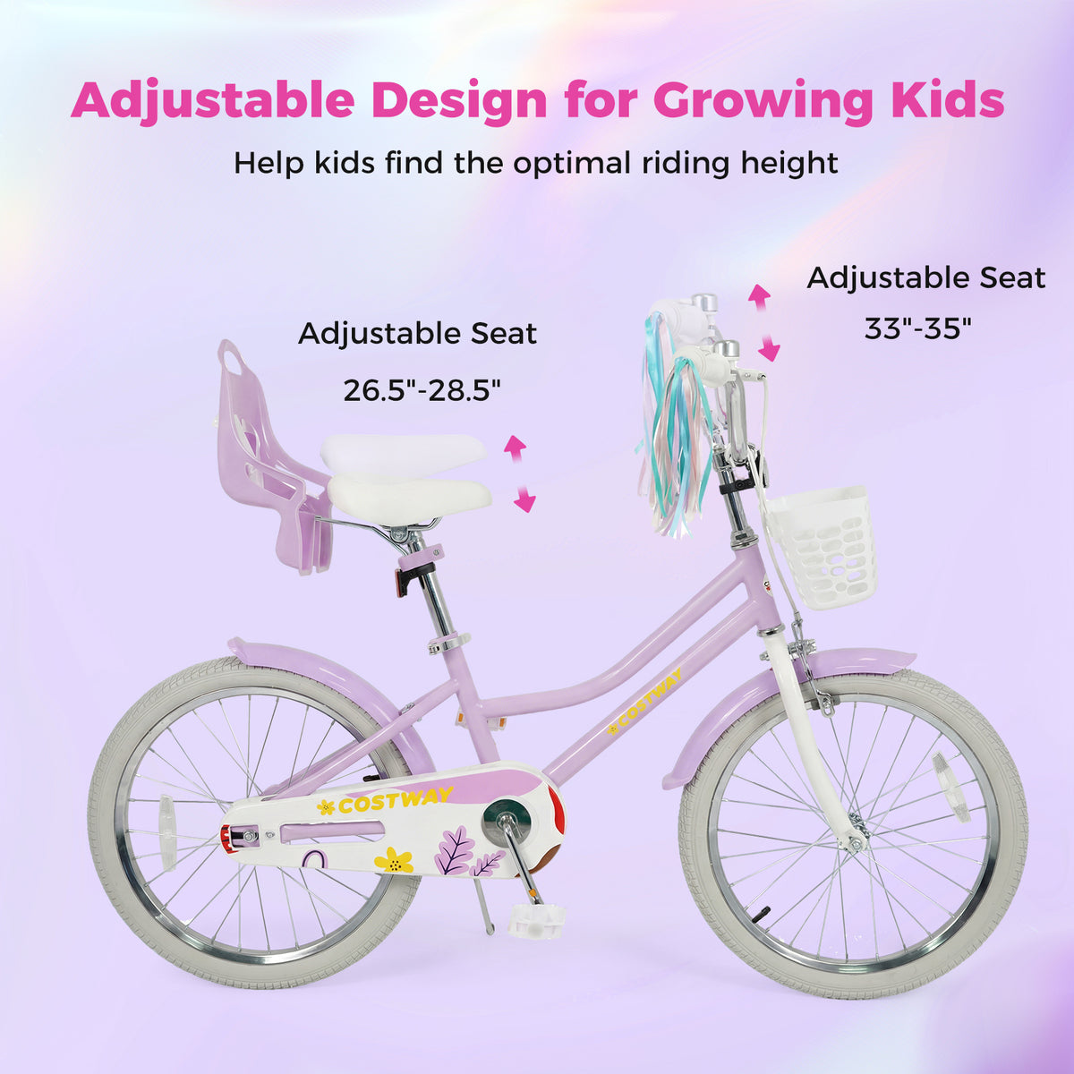 20 Inch Girls Bike Kids Bicycle with Doll Seat and Streamers for 8+ Years Old