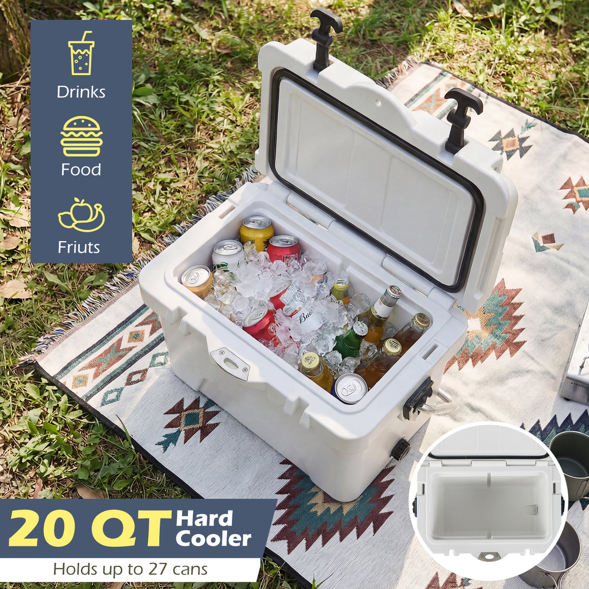 20 Quart Portable Hard Cooler with Built-in Ruler and Bottle-White