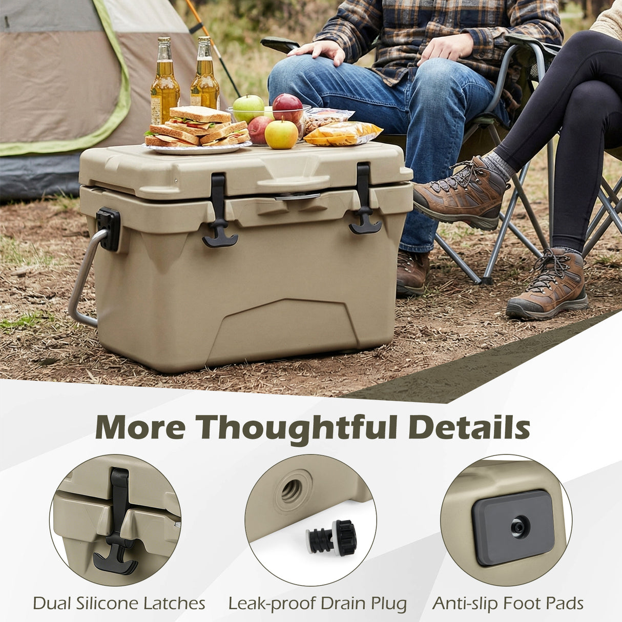 20 Quart Portable Hard Cooler with Built-in Ruler and Bottle-Khaki