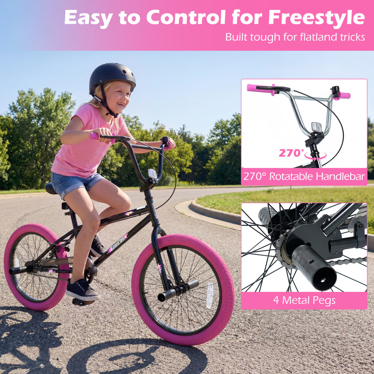 20" Trick Bicycle with 270 Degree Steering and Adjustable Seat for Kids and Teens-Pink