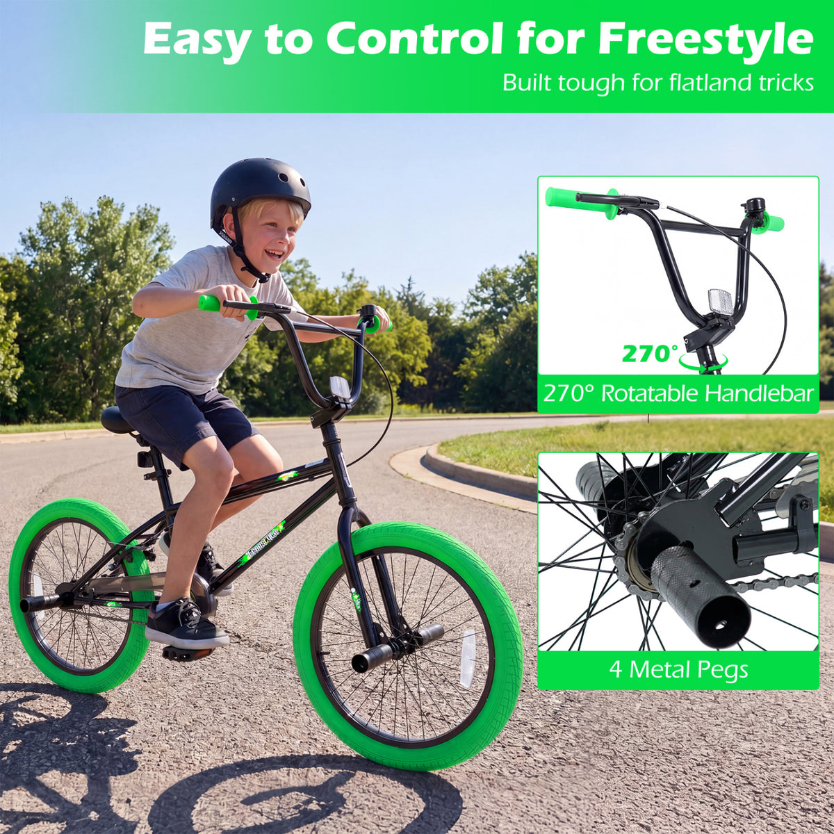 20" Trick Bicycle with 270 Degree Steering and Adjustable Seat for Kids and Teens-Green