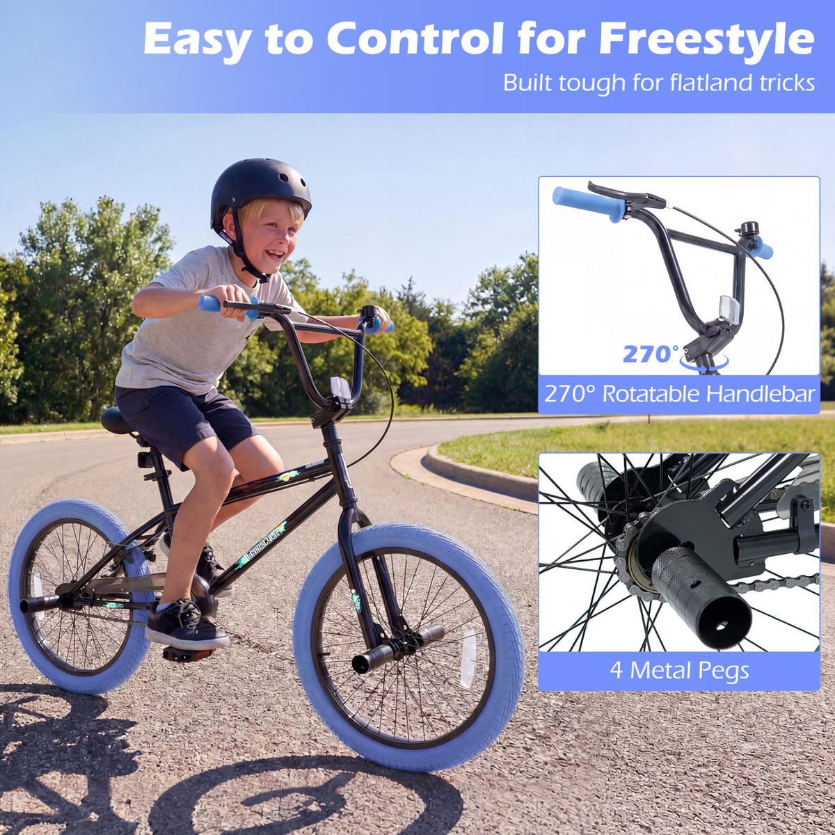 20" Trick Bicycle with 270 Degree Steering and Adjustable Seat for Kids and Teens-Navy