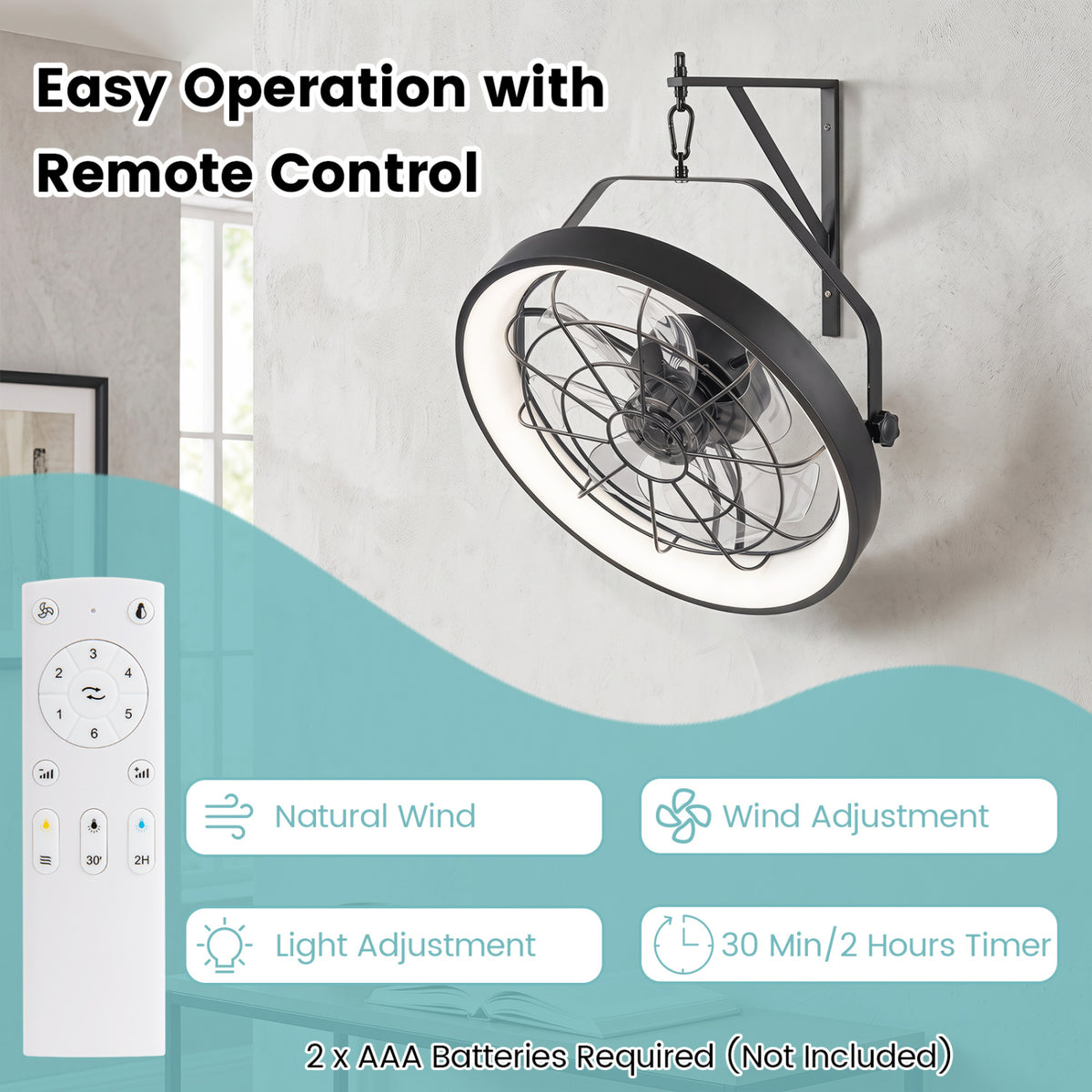 20â€ Wall Mounted Fan with 3CCT Dimmable LED Light and Timer-Black