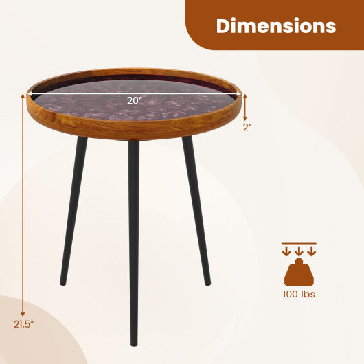 20 Inch Round End Table with Sea Shell Decoration and Epoxy Resin Finish-Brown