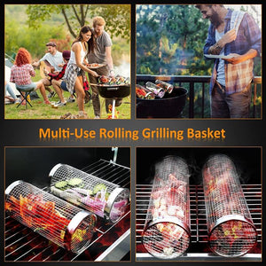 20cm/30cm BBQ Basket Stainless Cylindrical Rolling Grilling Baskets Portable Barbecue Rack For Grill For Fish Shrimp Meat Fries BBQ Grill Basket Rolling Grilling Basket Stainless Steel Grill Mesh Barbeque Grill Accessories
