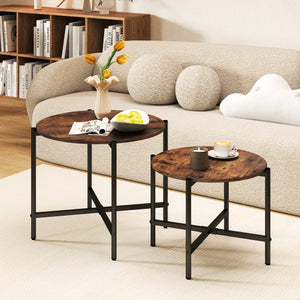 21.5 Inch Round Coffee Table Set of 2 with Heavy-Duty Metal Frame-Rustic Brown