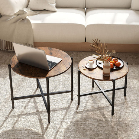 21.5 Inch Round Coffee Table Set of 2 with Heavy-Duty Metal Frame-Rustic Brown
