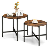 21.5 Inch Round Coffee Table Set of 2 with Heavy-Duty Metal Frame-Rustic Brown