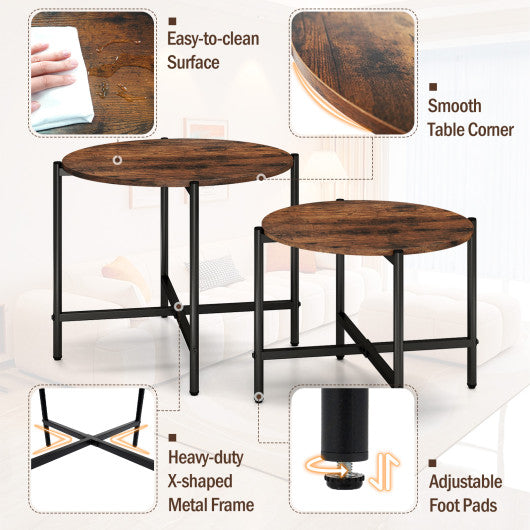21.5 Inch Round Coffee Table Set of 2 with Heavy-Duty Metal Frame-Rustic Brown
