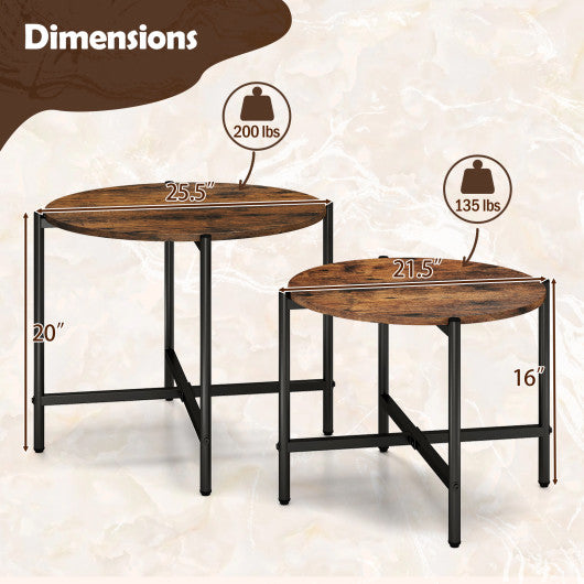 21.5 Inch Round Coffee Table Set of 2 with Heavy-Duty Metal Frame-Rustic Brown