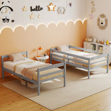 Solid Wood Twin Over Twin Bunk Bed Frame with High Guardrails and Integrated Ladder-Gray