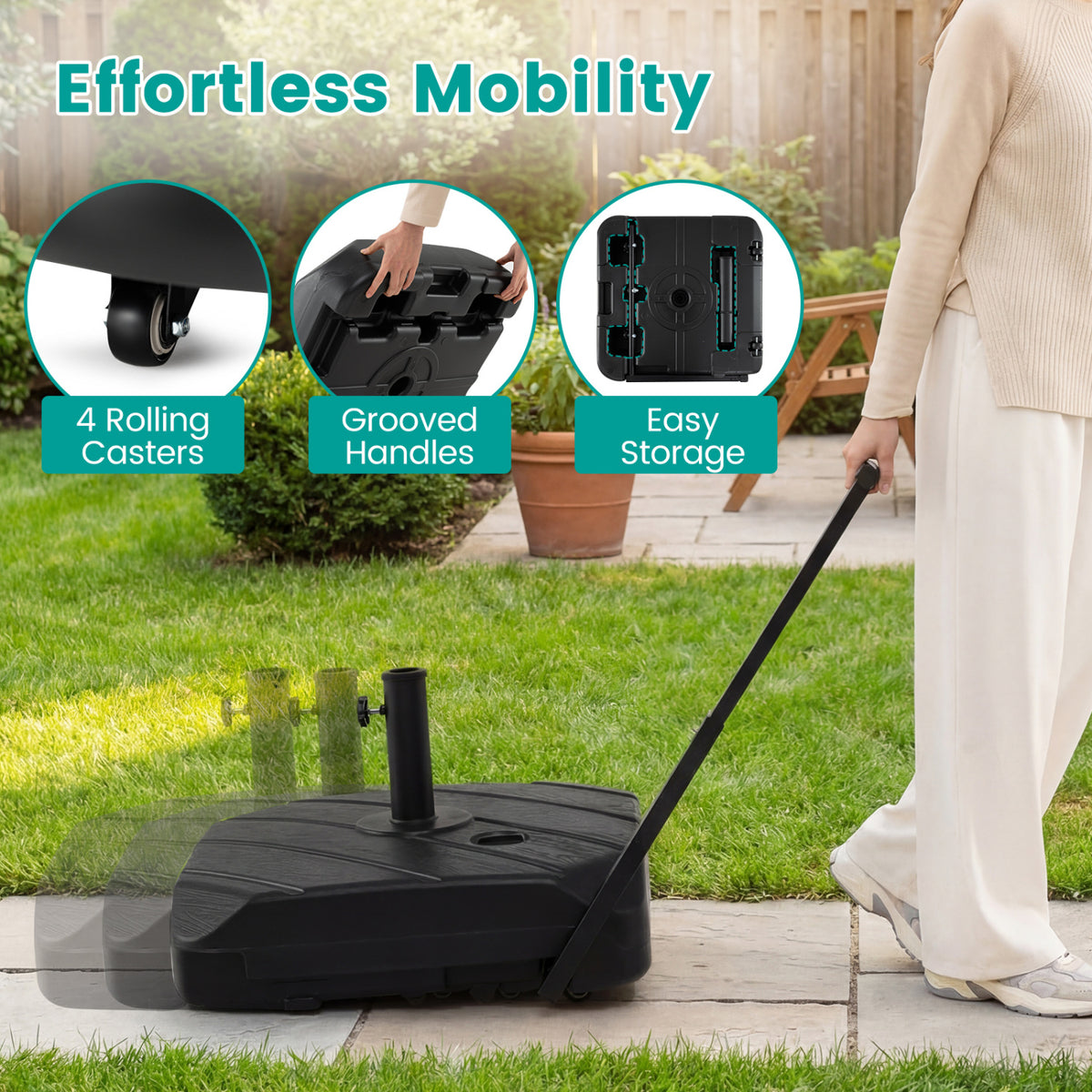 211 LBS Fillable Patio Umbrella Base with Wheels and Telescopic Pull Rod