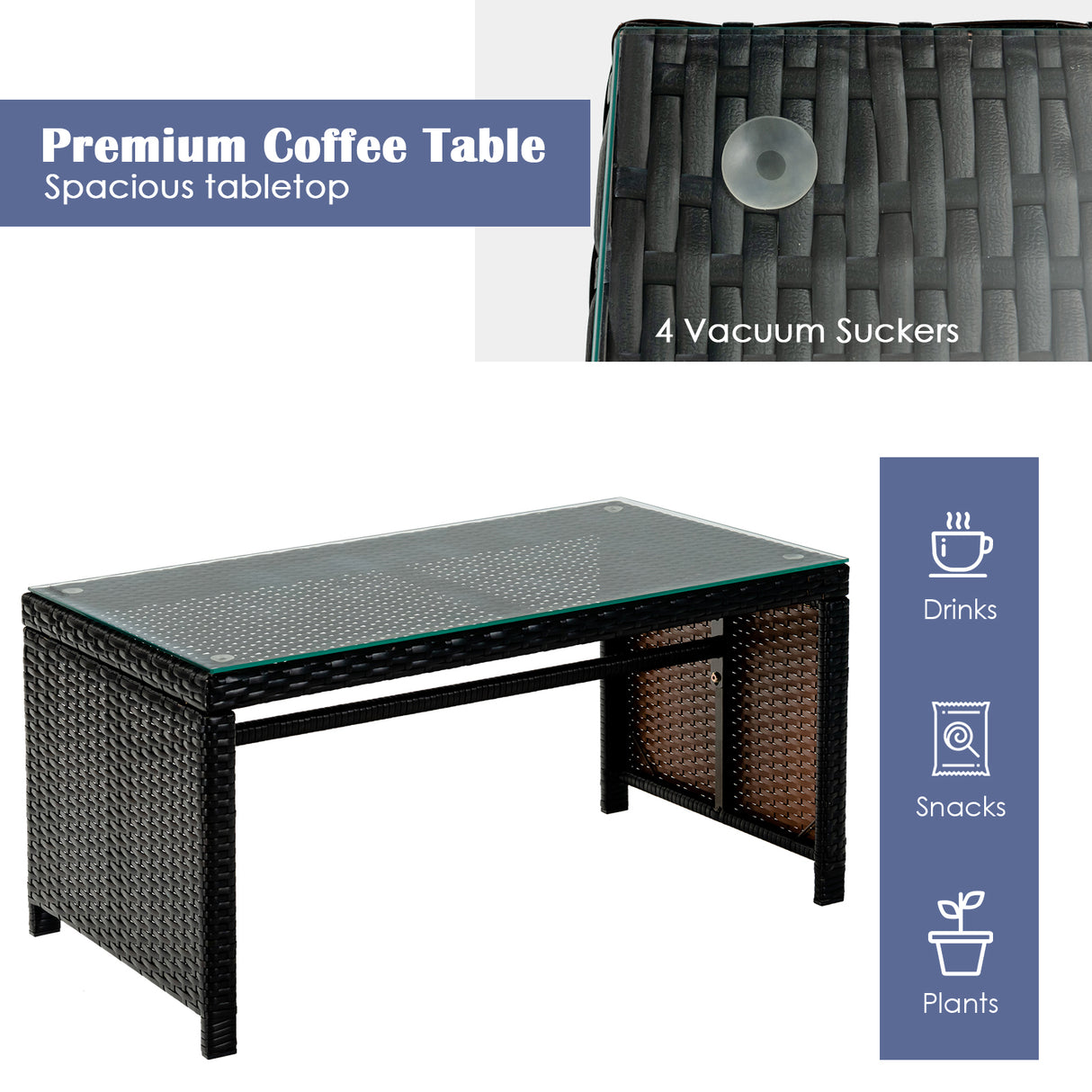 4 Pieces Patio Rattan Cushioned Furniture Set with Coffee Table-Black