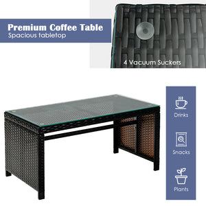 4 Pieces Patio Rattan Cushioned Furniture Set with Coffee Table-Black