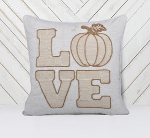 Embroidered Pumpkin “LOVE” Accent Pillow – Rustic Beige Fall Decor