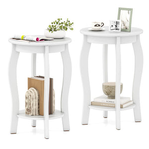 Set of 2 15 Inch 2-Tier Round End Table with Storage Shelf-White