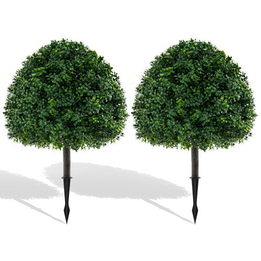 28 Inches Artificial Boxwood Topiary Ball Tree Set of 2 with Ground Spike-Green
