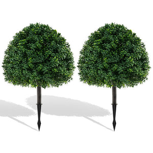 28 Inches Artificial Boxwood Topiary Ball Tree Set of 2 with Ground Spike-Green
