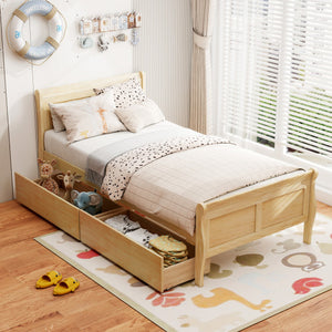 Twin Size Sleigh Bed with 2 Storage Drawers Wood Platform Bed Frame-Natural