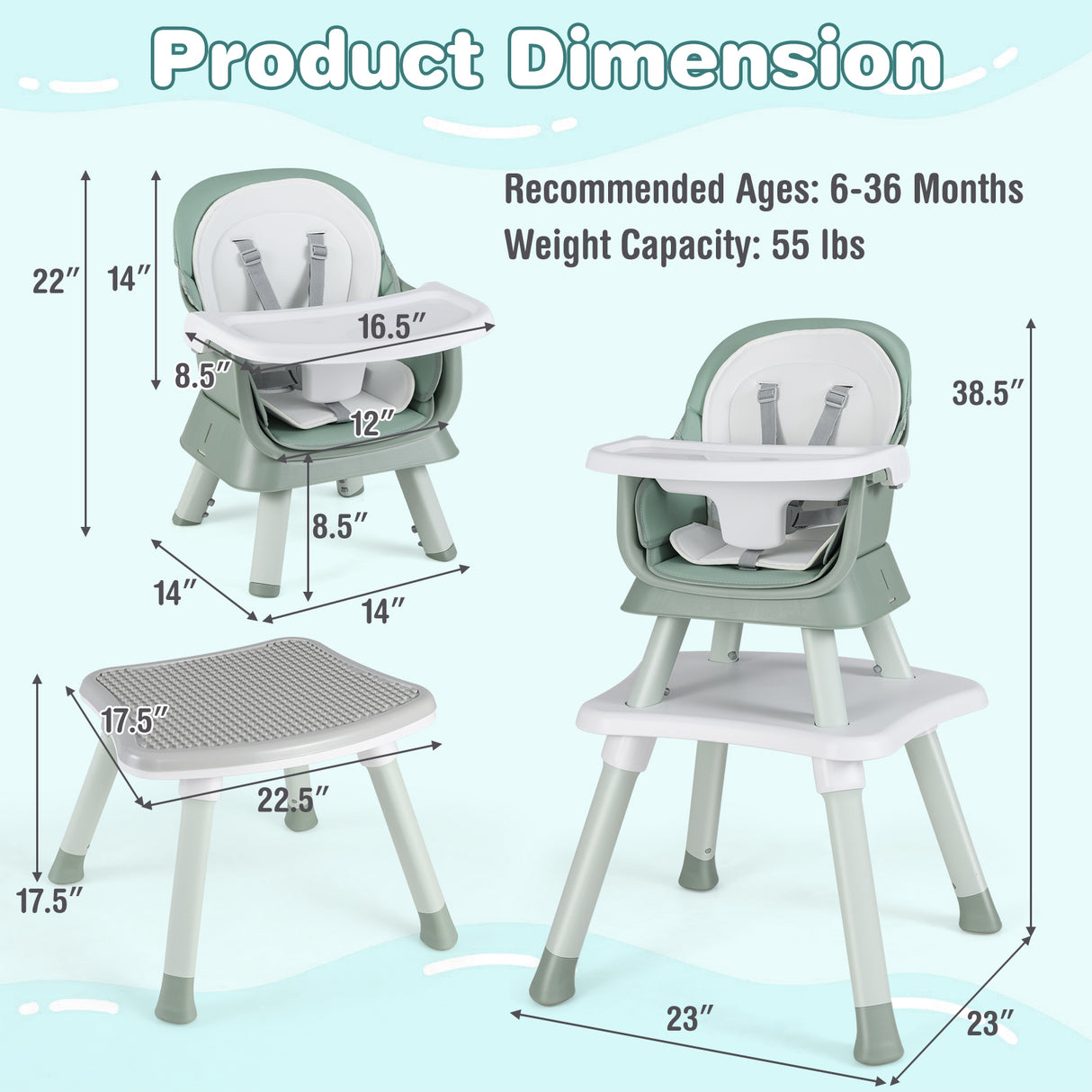 6-in-1 Convertible Baby High Chair with Adjustable Removable Tray-Green