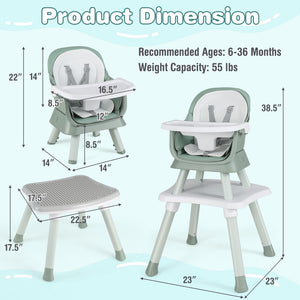 6-in-1 Convertible Baby High Chair with Adjustable Removable Tray-Green