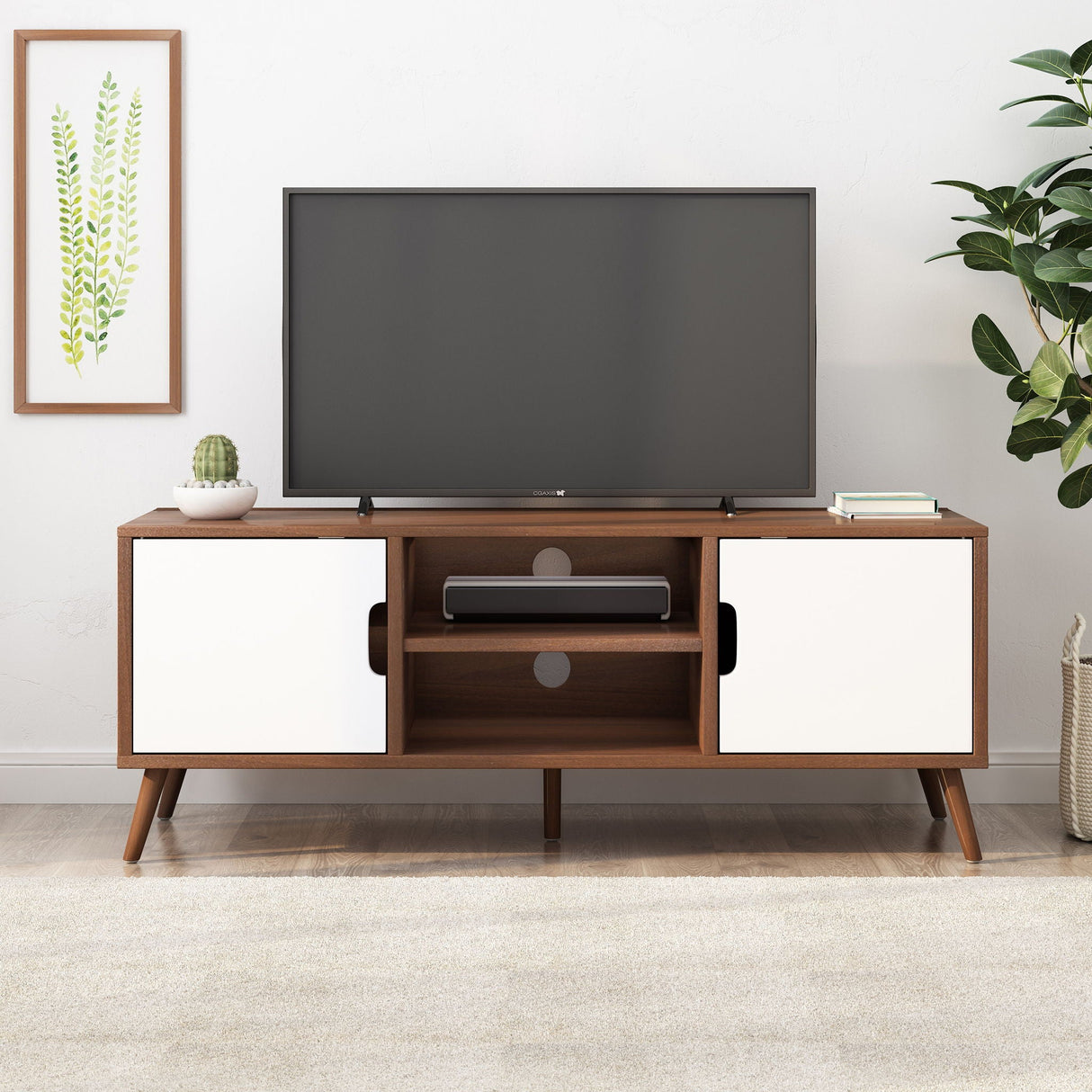 TV Stand With Shelves And Splayed Legs - White / Walnut by Couch.com