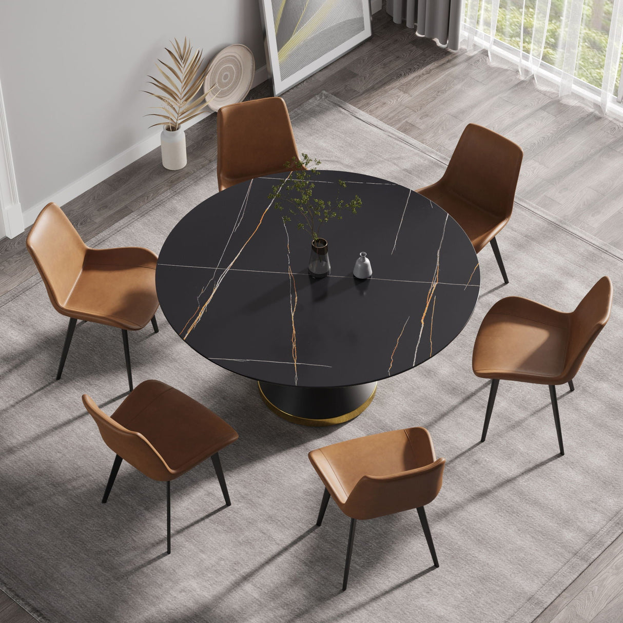 59.05" Modern Artificial Stone Round Black Carbon Steel Base Dining Table, Can Accommodate 6 People - Black by Couch.com