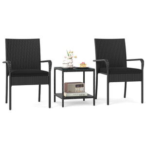 3 Piece Patio Furniture Set with Seat Cushions and Tempered Glass Tabletop-Black