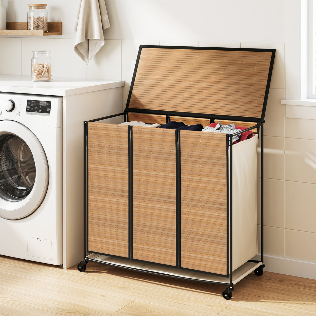 21.4 Gal Laundry Hamper with Lid 3-Section with 2 Lockable Wheels-Natural