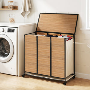 21.4 Gal Laundry Hamper with Lid 3-Section with 2 Lockable Wheels-Natural