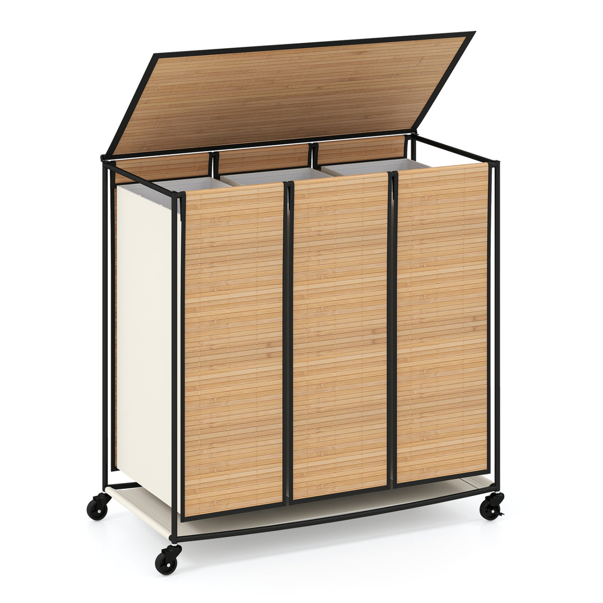 21.4 Gal Laundry Hamper with Lid 3-Section with 2 Lockable Wheels-Natural