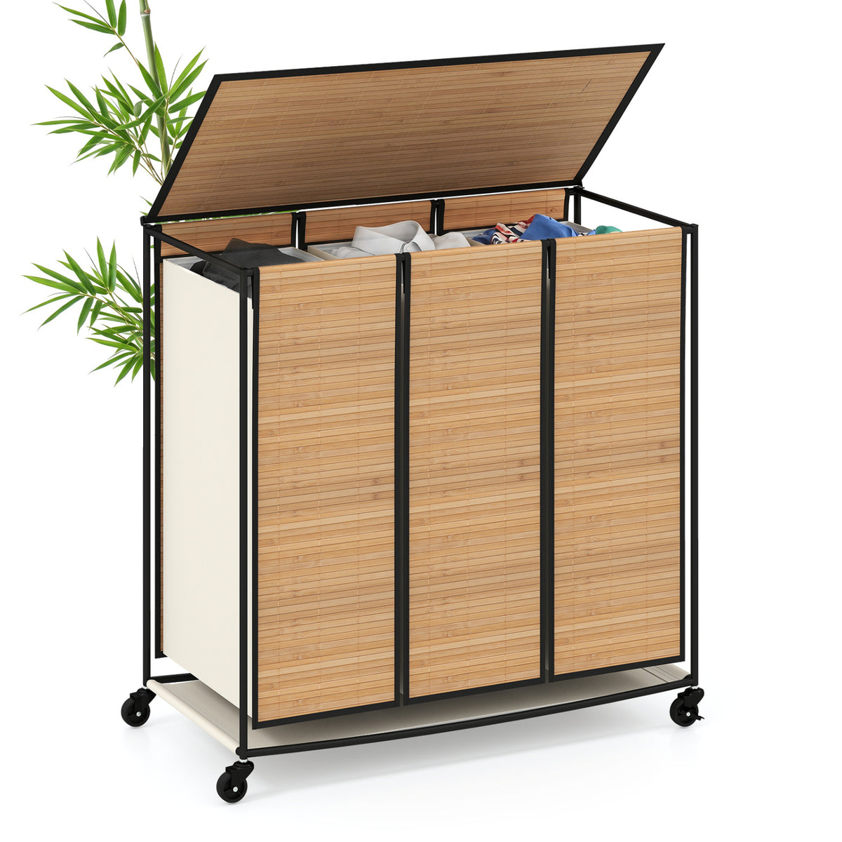 21.4 Gal Laundry Hamper with Lid 3-Section with 2 Lockable Wheels-Natural