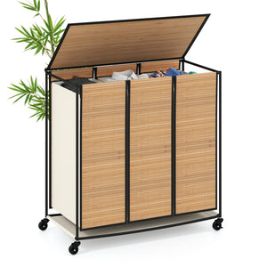21.4 Gal Laundry Hamper with Lid 3-Section with 2 Lockable Wheels-Natural