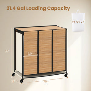 21.4 Gal Laundry Hamper with Lid 3-Section with 2 Lockable Wheels-Natural